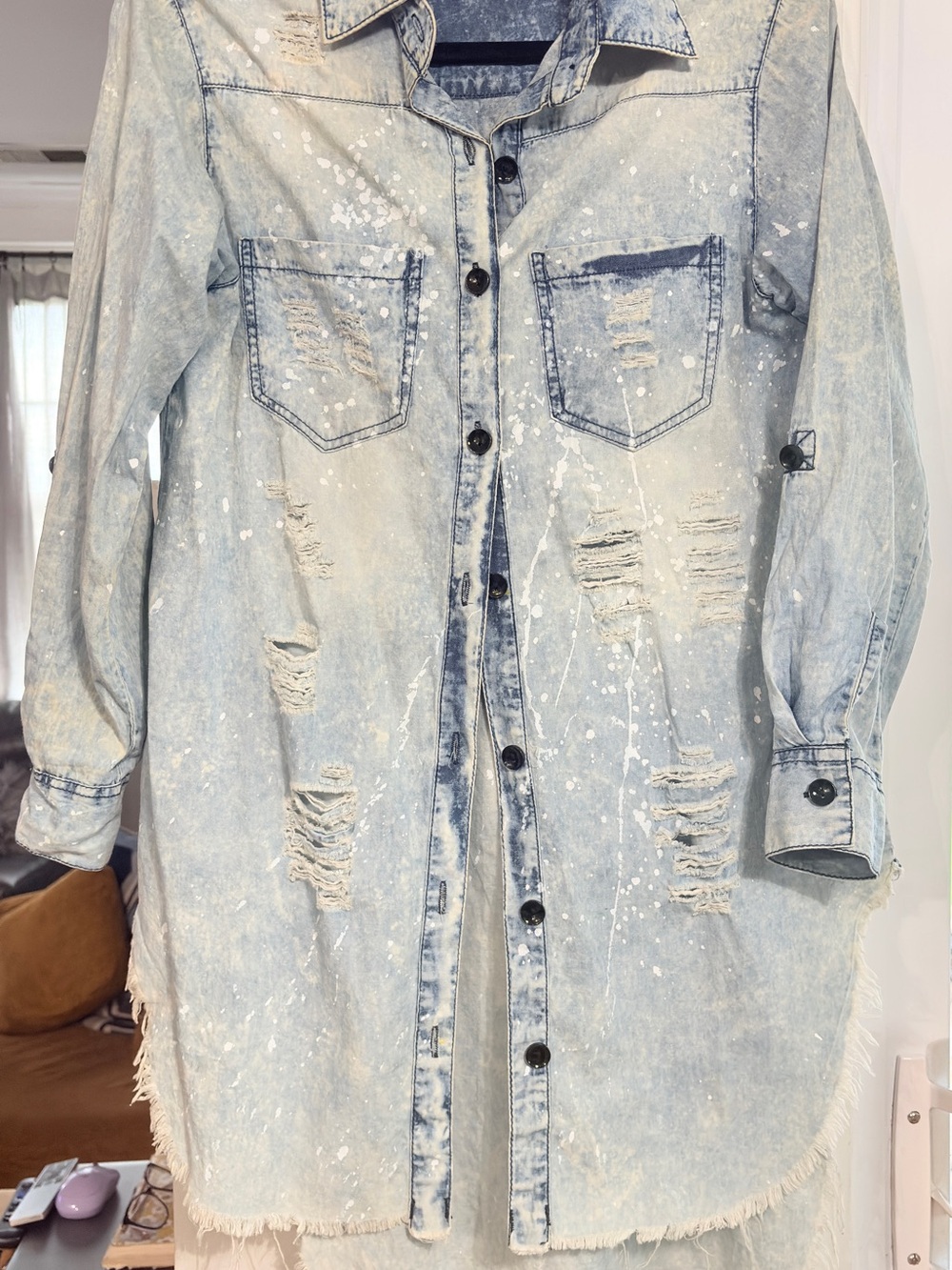 Thrill Light Blue Distressed Long Denim Shacket with White Paint Splatter
